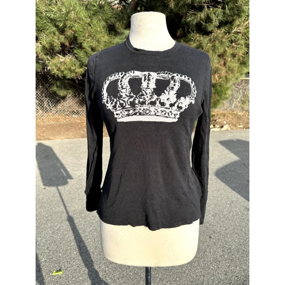 Bcbg Maxazria Womens 2xsmall Black Shirt Long Sleeve Printed White Crown Silk